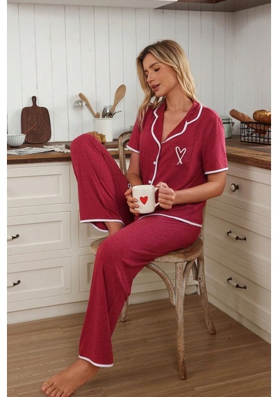 Bella Notte Bordo Düğme Ve Kalp Detaylı Kısa Kollu Pijama Takımı