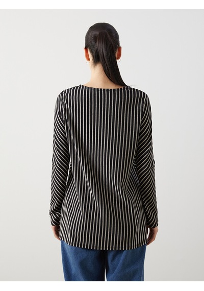 Lcwaıkıkı Classic Siyah Bisiklet Yaka Çizgili Oversize Kadın Tunik