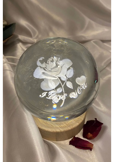3d Led Işık Cam Küre Tek Renk Ahşap Gül I Love You Büyük Boy 10 Cm