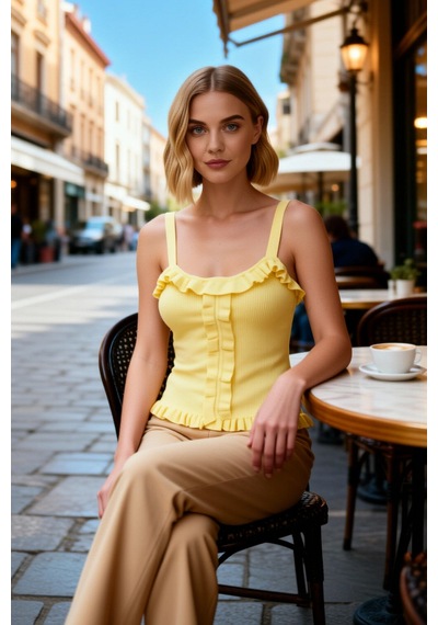 Benerly Kadın Bluz Crop Havuz Yaka Kolsuz Fitted Kesim İnce Triko Düz Des Sarı
