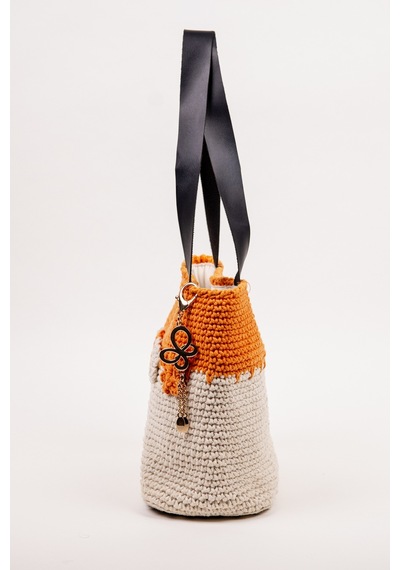 Fabric Craft Bag Omuz Çantası Merserize Pamuk İpli Çiçek Detaylı Turuncu - Beyaz