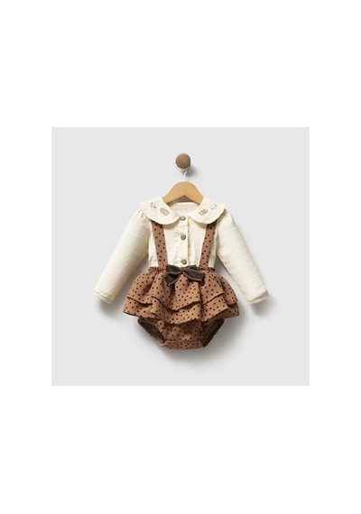 Ministok Mocha Bloom Yakası Nakış Detaylı Puantiyeli 2'li Kız Bebek Salope Kahverengi