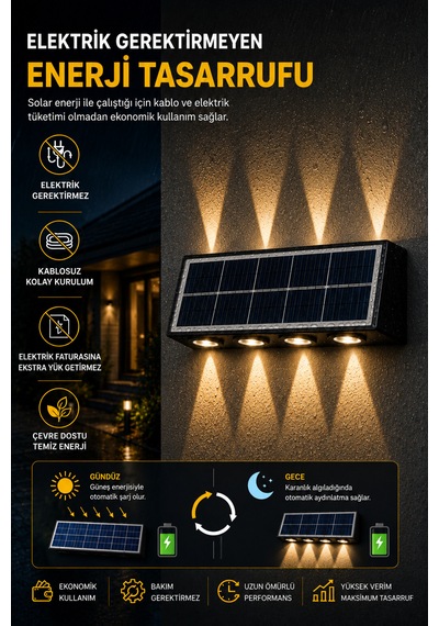 Solar Led Duvar Apliği 8 Ledli Bahçe Aydınlatması Güneş Enerjili Dış Mekan Bahçe Lambası, Su Geçirmez Sensörlü
