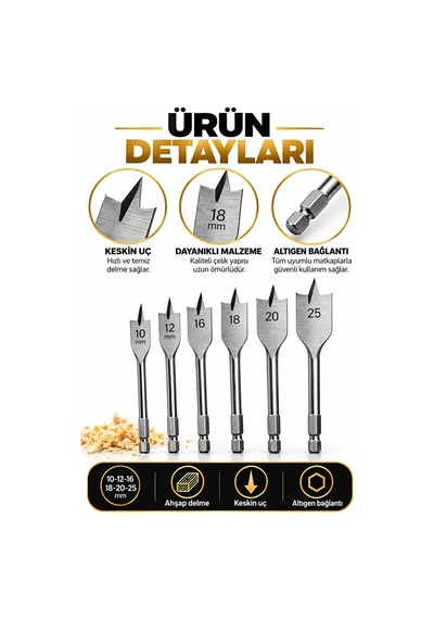 6 Parça Yaprak Matkap Ucu Seti 10-25 Mm Ahşap Delme Uçları