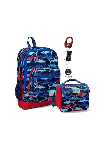 Coral High Okul Çantası Ve Termal Beslenme Çanta Seti - Erkek Çocuk Mavi Köpekbalığı Usb Ve Aux Çıkışlı Çok Renkli