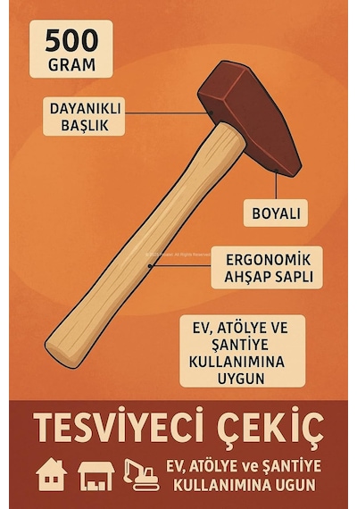 Proalet Döküm Çekiç, 500 Gram, Dayanıklı Başlık, Ergonomik Ahşap Saplı, Boyalı, Çivileme İçin Uygun, Ev, Atölye Ve Şantiye Kullanımına Uygun, Tesviyec