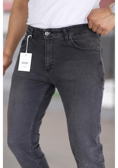 Bürke Premium Erkek Antrasit Renk Regular Fit Rahat Kesim Esnek Likralı Denim Jeans Kot Pantolon