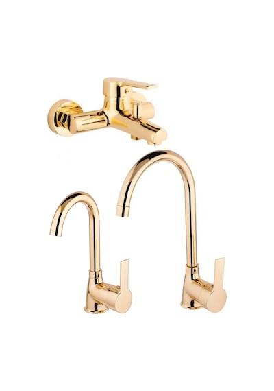 3 Lü Set Kaliteli Gold Renk Lüx Gövde Mutfak Eviye Lavabo Ve Banyo Musluğu Bataryası Sıcak Soğuk Altın