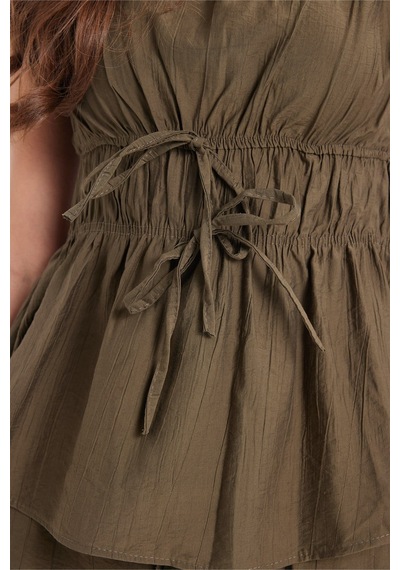 Tudors Kadın Standart Fit Normal Kesim V Yaka Beli Büzgülü Bağcıklı Bluz Geniş Paça Haki Pantolon Takım-51028
