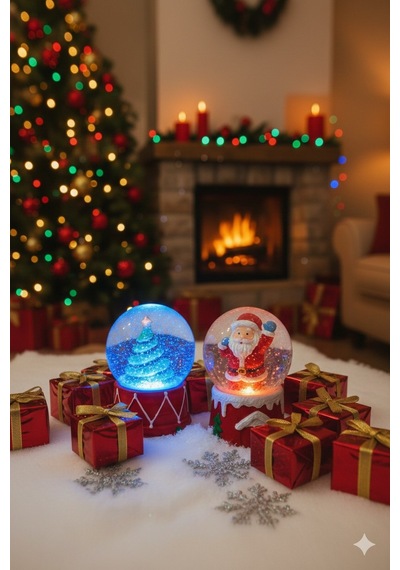 Yılbaşı Çam Ağacı & Noel Baba Kar Küresi 2 Li Set Led Işıklı 6,5 Cm Yeni Yılın En Güzel Hediyesi Çok Renkli