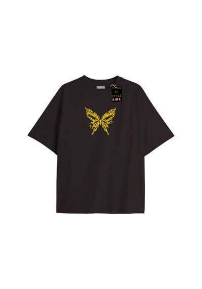 Flood Of Style Siyah Oversize T-shirt Kelebek Sarı Özel Tasarım