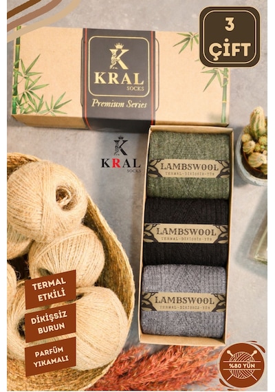 Kral Socks Erkek Koyun Yünlü Lambswool Kışlık 3'lü Kutulu Dikişsiz Çorap Asorti2