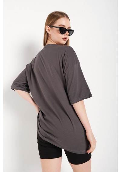 Flood Of Style Kadın Antrasit Let It Be Oversize T-shirt Gri