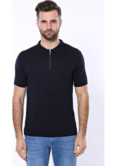 Yake Store Polo Yaka Lacivert Düz Örme Erkek T-shirt - Wessi - Lacivert siyah