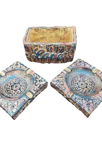 Hediyemiks 3 Lü Dekoratif Kase Seti Küllük & Saksı -vintage Eskitme El Yapımı Tasarım