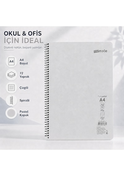 Mynote Flex Pastel A4 72 Yaprak 60 Gr Spiralli Çizgili Defter Gri
