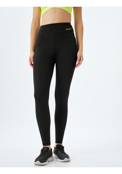 Koton Spor Tayt Yüksek Bel Slogan Baskılı Slim Fit İnterlok Siyah 5wak40287nk Siyah