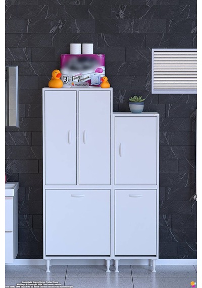 Enes 100 Cm Beyaz Çok Amaçlı Dolap Banyo Dolabı 2 Kapaklı Sepetli Dolap 60+40 X160x32,5 Cm