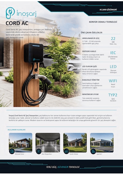 İnoşarj Cord Ac 22 Kw Wi-fi Entegre Kablolu Type 2 Elektrikli Araç Şarj İstasyonu