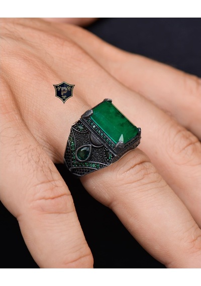 925 Ayar Gümüş Erkek Yüzüğü Paraiba Taşlı Zirkon Taş Süslemeli