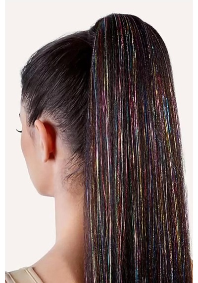 Caş Dekorasyon Karışık Renk Yan Postiş Hair Tinsel Shiny Hair-50 Cm- 2 Adet Çok Renkli
