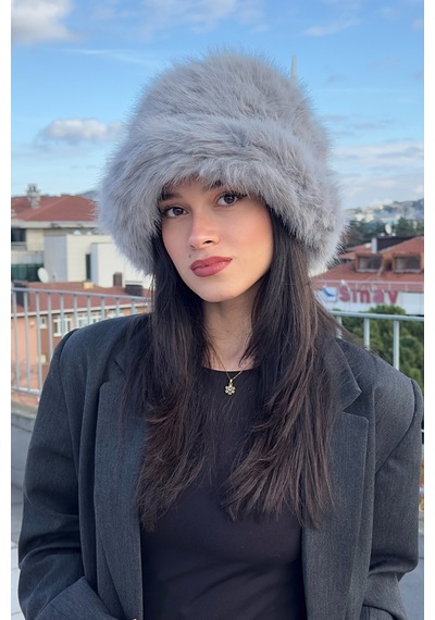 Mollycrush Suni Kürk Bucket Kalpak Şapka Peluş Kışlık Luxury Gri Kadın Şapkası Gri