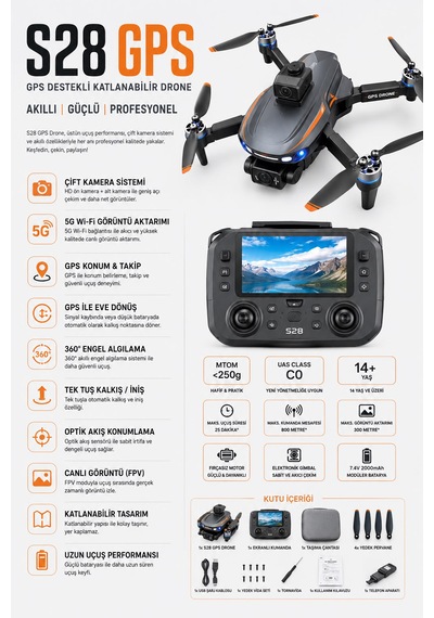 S28 Gps Drone Çift Kamera 5g Wi-fi 360 Engel Algılama Ekranlı Kumanda Katlanabilir Profesyonel Drone