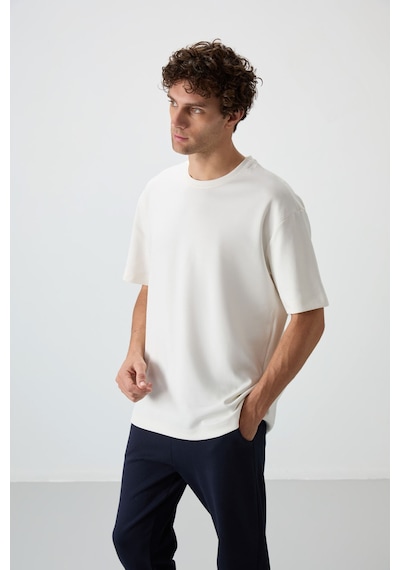 Tommy Life Ekru - Lacivert Pamuklu Kalın Yumuşak Dokulu Oversize Fit Basic Erkek Eşofman Takım - 85251 Ekru