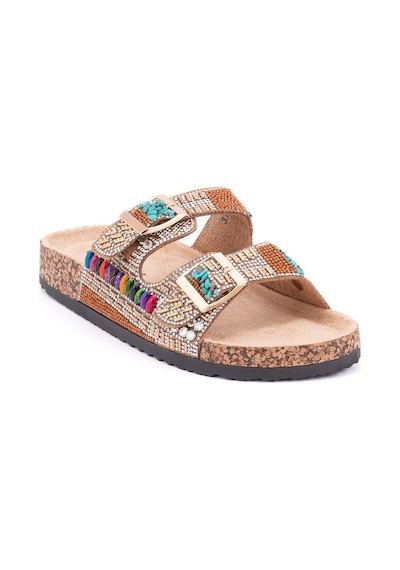 Guja 25y102-2 Kadın Mantar Taban Taşlı Çift Tokalı Comfort Terlik Camel Fuşya
