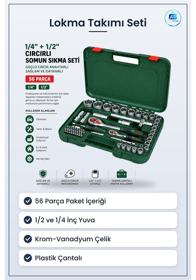 Lokma Takımı 56 Parça Ve Cr-v Çelik Ccırlı Somun Sıkma Seti Plast