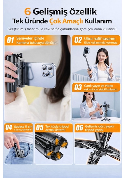 Tripodlu Bluetooth Selfie Çubuğu Mini Katlanabilir Selfie Stick Telefon Standı Uzatılabilir 41.5 Cm