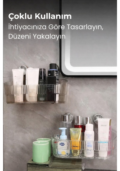 Siyah Vakumlu Şampuanlık & Baharatlık Rafı Delmeden Montajlı Duş Rafı Organizer, Banyo Düzenleyici Şeffaf - Gri