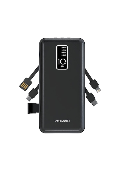Venandin Pwb10c1 10.000 Mah Powerbank 4 Ü 1 Arada Entegre Kablolu Led Göstergeli Taşınabilir Şarj Cihazı Siyah