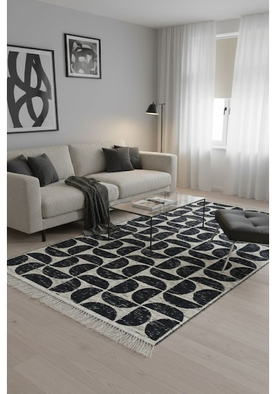 Siyah Modern Geometrik Desenli Kilim Makinede Yıkanabilir Renkli