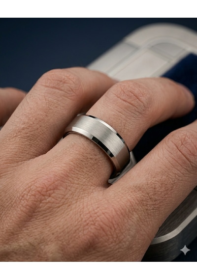 Erkek Gümüş Renk Detay 6 Mm Tungsten Yüzük