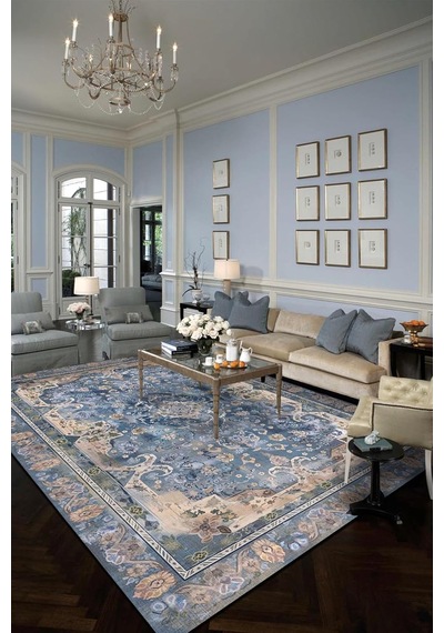 Madala Vintage Desenli Şönil Pamuk Tabanlı Yıkanabilir Kaymaz Antibakteriyel Salon Halısı 200x300 Çok Renkli