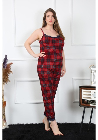 Akbeniz Kadın Büyük Beden Kırmızı Ekoseli İp Askılı Pijama Takım 202197 Kırmızı