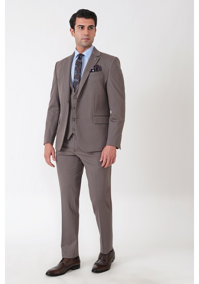 Efor Slim Fit Esnek Pamuklu Dokulu Vizon Yelekli Takım Elbise Tk 959