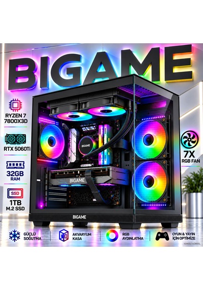 Bigame SAKURA-V8 R7-7800X3D 32 GB 1 TB M2 SSD RTX5060Ti Free Dos Masaüstü Oyuncu Bilgisayarı