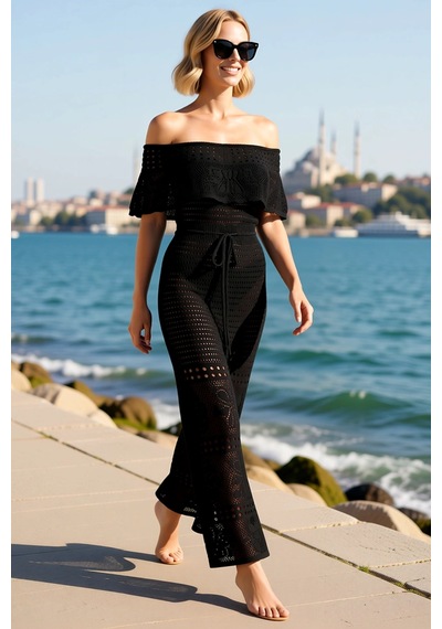 Benerly Kadın Ajurlu Triko Midi Plaj Elbisesi Carmen Yaka Kısa Kollu Shif Siyah