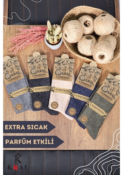 Kral Çorap Termal Etkili Lambswool Kışlık Kadın - Erkek Yün Çorap 5'li Çok Renkli