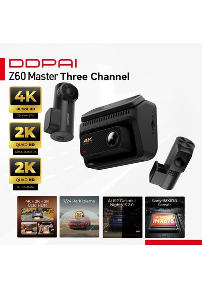 Z60 Master 3 Kameralı 4K UHD Araç İçi Kamera 3 Kanallı Gece Görüşlü Wi-Fi 6