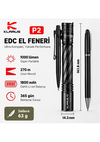 Klarus P2 2aa Edc El Feneri Siyah