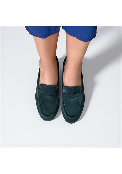 Ne&ve Shoes Koyu Yeşil Süet Hakiki Deri Kadın Loafer Ayakkabı