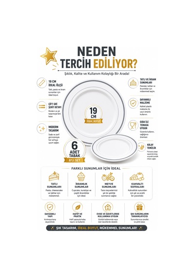 6'lı Set I Gümüş Çift Çizgili 19 Cm Plastik Tabak Porselen Görünümlü Davet Ve Misafir Sofraları