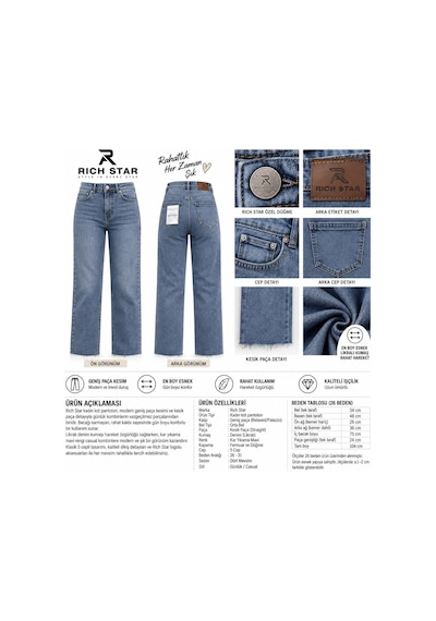 Rich Star Kesik Paça Palazzo Likralı Kadın Jeans 26-31 Kar Yıkama Mavi