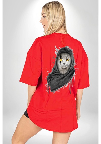 Safari Kedi Şal Eşarp Kırmızı Oversize Unisex Ön Ve Sırt Baskılı Tişört Kırmızı
