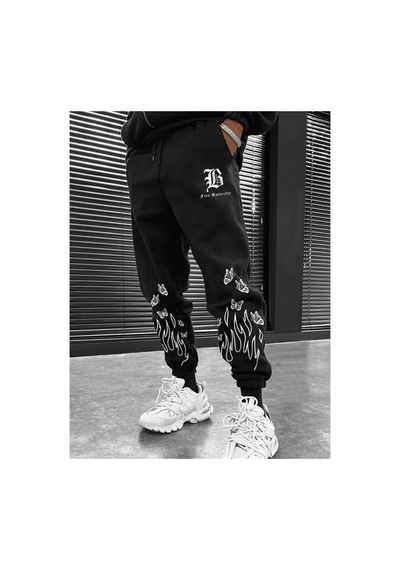 Tarzsokak Legnd Fire & Letter Graphic Drawstring Waist Eşofman Altı Siyah