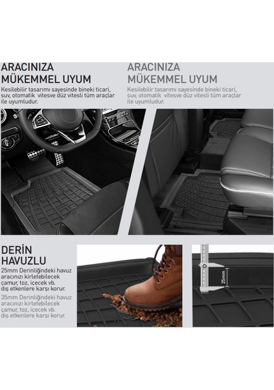 Üniversal 3d Paspas Takımı Havuzlu Her Araca Uyumlu 5 Parça Tam Set Kaymaz Taban Kesilebilir Pars Siyah 1 Adet