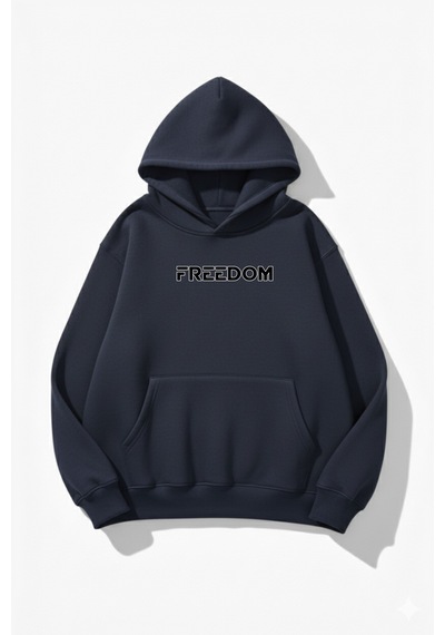 Uyguntarz Unisex Yumuşak Dokulu Freedom Baskılı Tasarım Oversize 3 İplik Hoodie Sweatshirt Indigo